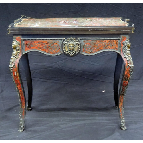 1580 - A 19th century French scarlet tortoiseshell and boulle work card table, the hinged top of serpentine... 