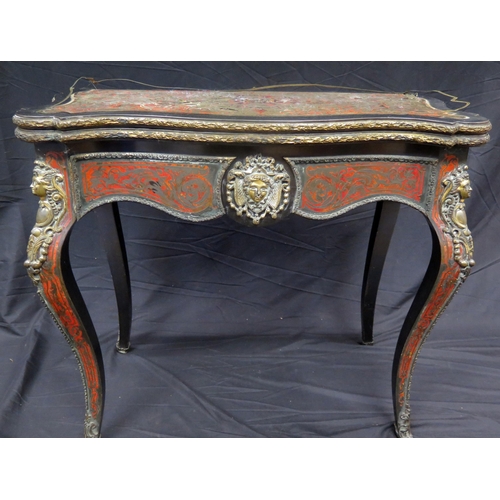 1580 - A 19th century French scarlet tortoiseshell and boulle work card table, the hinged top of serpentine... 