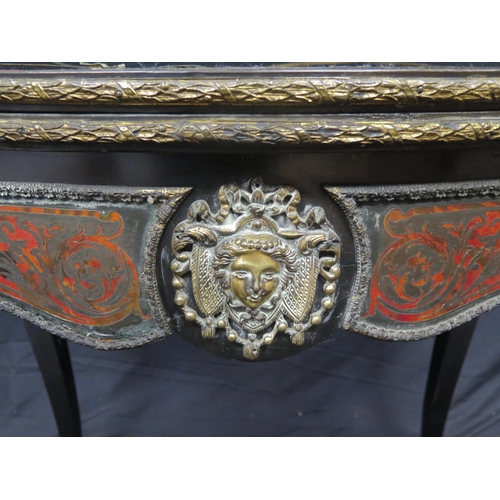 1580 - A 19th century French scarlet tortoiseshell and boulle work card table, the hinged top of serpentine... 