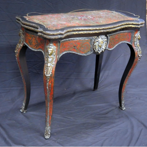 1580 - A 19th century French scarlet tortoiseshell and boulle work card table, the hinged top of serpentine... 