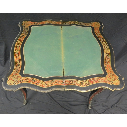 1580 - A 19th century French scarlet tortoiseshell and boulle work card table, the hinged top of serpentine... 