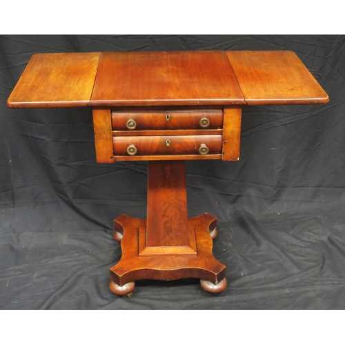 1586 - A 19th century mahogany work table, the top with two hinged leaves, with two short drawers, raised o... 