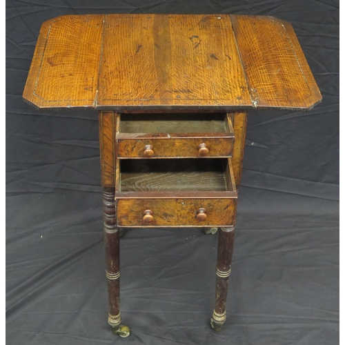 1587 - A 19th century oak side table, the top with two hinged leaves, and two short drawers, raised on ring... 