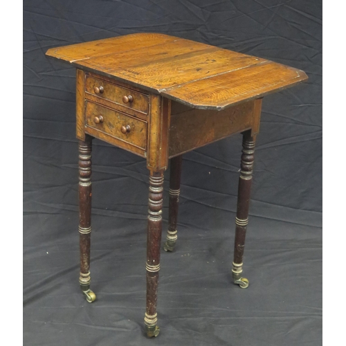 1587 - A 19th century oak side table, the top with two hinged leaves, and two short drawers, raised on ring... 