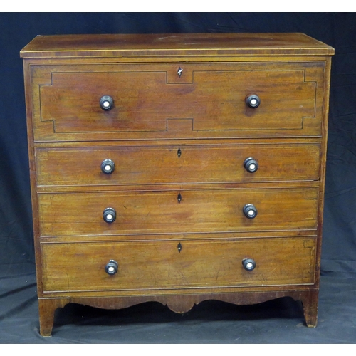 1599 - A late Georgian mahogany, boxwood and ebony strung secretaire chest, the rectangular crossbanded top... 