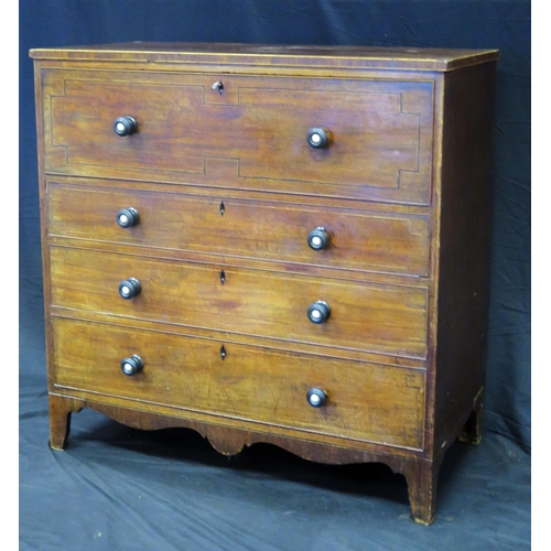 1599 - A late Georgian mahogany, boxwood and ebony strung secretaire chest, the rectangular crossbanded top... 