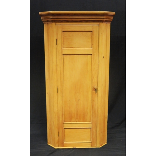 1600 - A Victorian stripped pine corner cupboard, with moulded cornice and panelled cupboard door, W 82cm, ... 