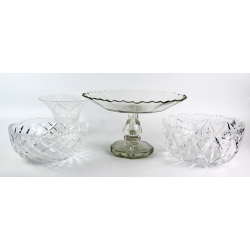 1017 - A clear glass tazza with wavy edge border, raised on an octagonal foot, two cut glass bowls, and a v... 