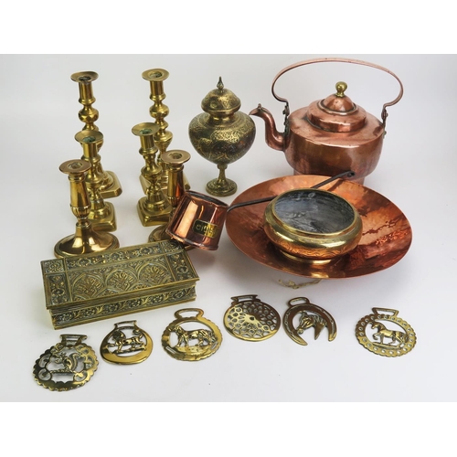 1364 - A collection of brass and copper wares including pairs of 19th century candlesticks, a Danish brass ... 