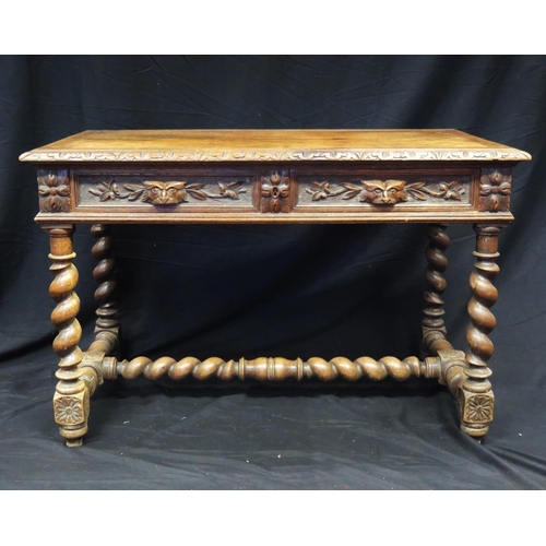 1622 - A 19th century oak side table in the Carolean taste, the rectangular top with floral carved edge abo... 