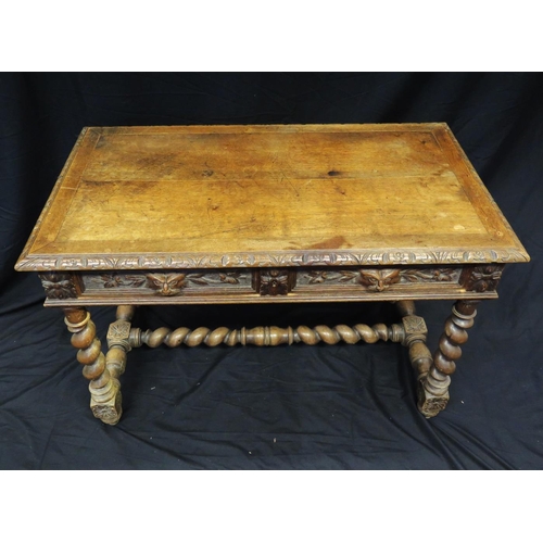 1622 - A 19th century oak side table in the Carolean taste, the rectangular top with floral carved edge abo... 