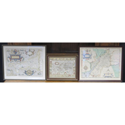 1560C - After Saxton, a reproduction map of Cornwall , 36 x 48cm another of Gloucestershire 38 x 48cm, and a... 