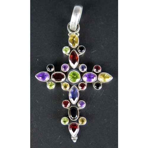 162 - A Sterling Silver Multi-stone Set Cross Pendant, 64.6mm drop, 9.8g