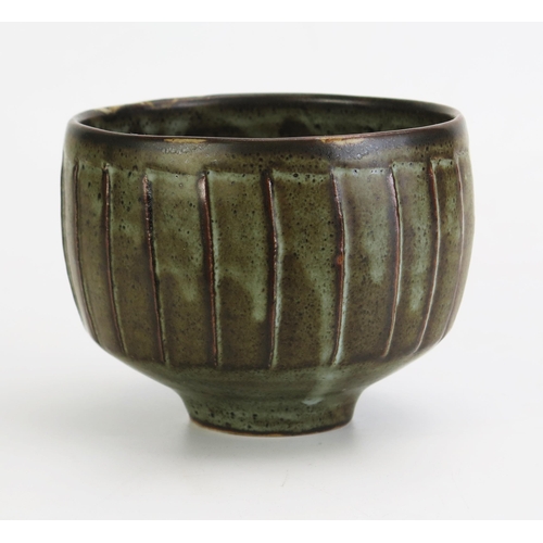 1006 - DAVID LEACH (1911-2005) for Lowerdown Pottery; a fluted porcelain bowl covered in green/grey breakin... 