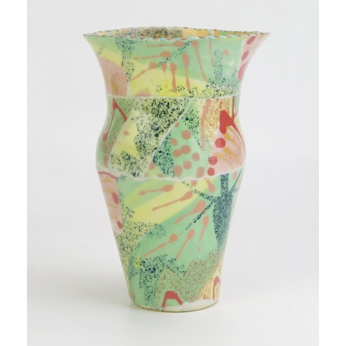 1017 - Mary Vigor (born 1947) Porcelain Uneven Vase decorated in a polychrome slip, signed to base, 18.5cm ... 