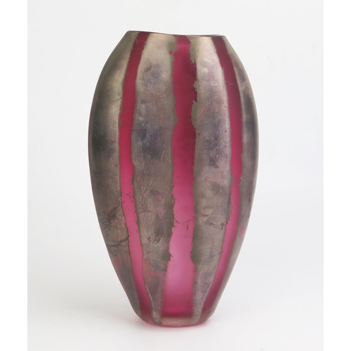 1025 - Adam Aaronson Art Glass Vase of Elongated Ovoid Form in pink with silvered stripes, etched signed al... 