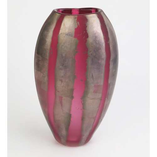 1025 - Adam Aaronson Art Glass Vase of Elongated Ovoid Form in pink with silvered stripes, etched signed al... 