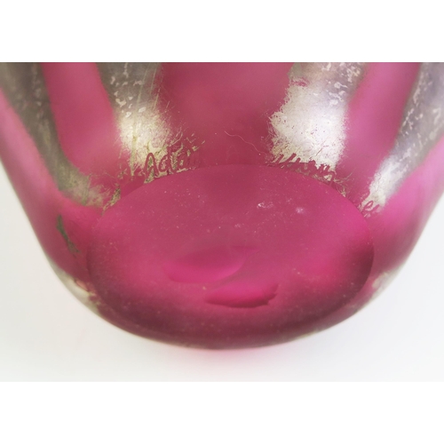 1025 - Adam Aaronson Art Glass Vase of Elongated Ovoid Form in pink with silvered stripes, etched signed al... 