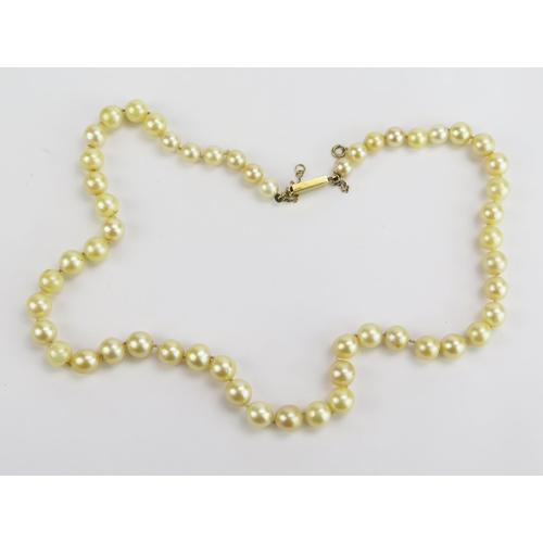 103 - A Single Strand Graduated Pearl or Cultured Pearl Necklace with a precious yellow metal clasp, 20