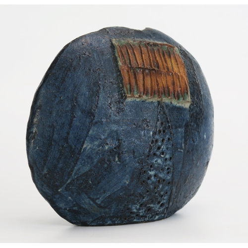 1030 - Possibly Troika Pottery Vase of Ovoid Form in a dark blue glaze with raised panels of embossed hiero... 