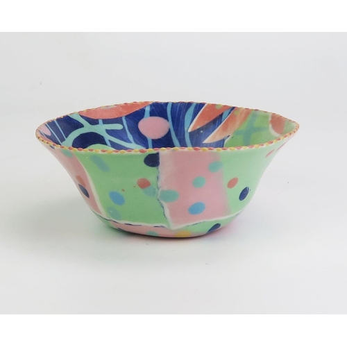 1034 - MARY VIGOR (born 1947) Porcelain Uneven Bowl decorated in a polychrome slip, signed to base, 16.5cm ... 