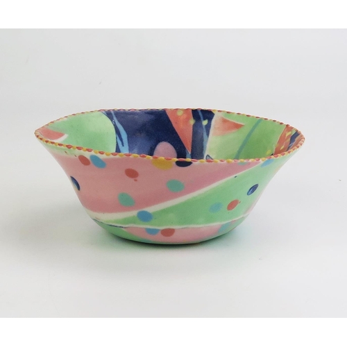 1034 - MARY VIGOR (born 1947) Porcelain Uneven Bowl decorated in a polychrome slip, signed to base, 16.5cm ... 