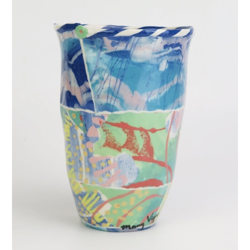 1036 - Mary Vigor (born 1947) Porcelain Uneven Vase decorated in a polychrome slip, signed to base, 20cm ta... 