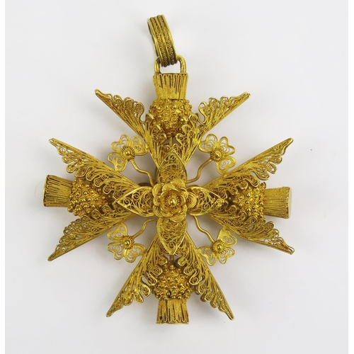 105 - A Large Georgian Precious Yellow Metal Filigree Maltese Cross Pendant with thistle decoration, 65.3m... 