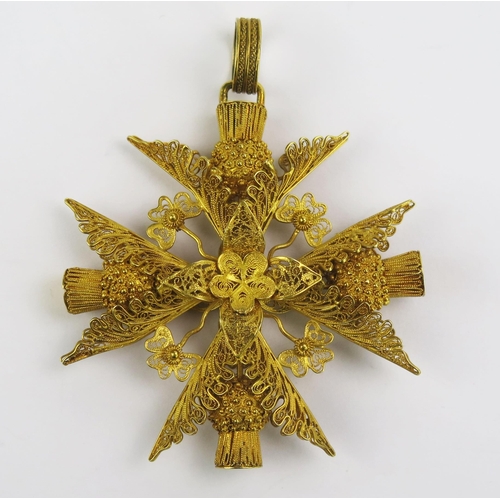 105 - A Large Georgian Precious Yellow Metal Filigree Maltese Cross Pendant with thistle decoration, 65.3m... 