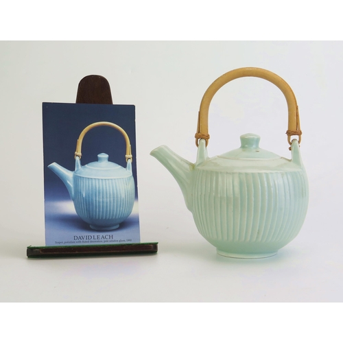 1054 - DAVID LEACH (1911-2005) Lowerdown Pottery fluted porcelain teapot in a celadon glaze, with card, hei... 