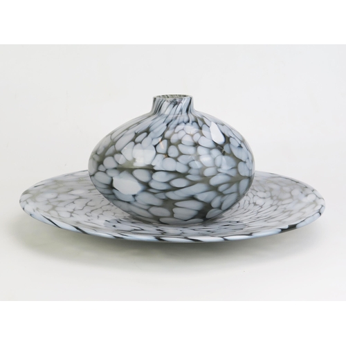 1056 - Kosta Boda Glass Ovoid Vase and Dish, Grey in Smoked Glass designed by Ann Wahlstrom, both with labe... 