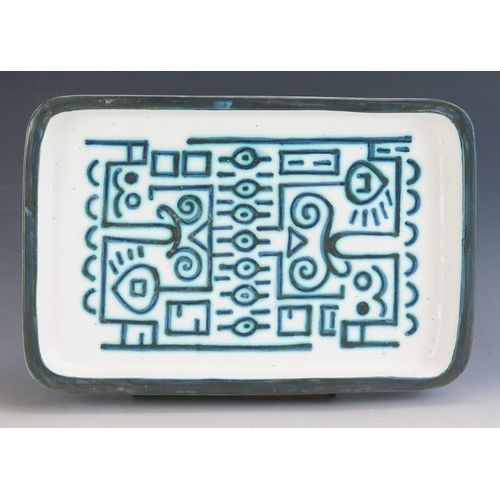 1058 - A Rare and Early Troika Pottery Dish of rectangular form with dark blue scarab decoration and rim, 