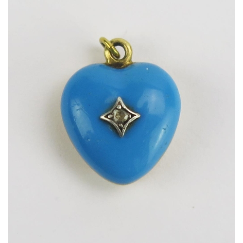 106 - A Victorian Turquoise Enamel and Rose Cut Diamond Panel Back Heart Shaped Locket in a precious yello... 