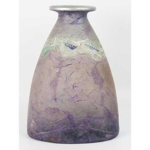 1070 - A Margaret Johnson straw glass vase, of ovoid form, with flared rim, decorated with a shoal of silve... 