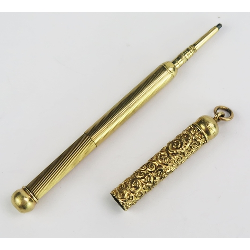 108 - A W.S. Hicks of New York Gilt Metal Telescopic Fob Pencil with embossed scrolling decoration