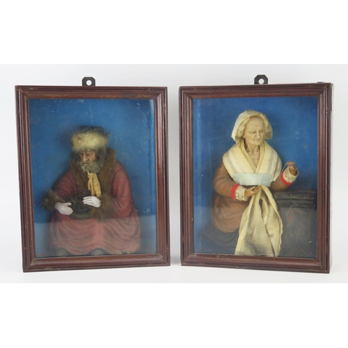 BERNARD CASPAR HARDY (1726-1819)
A pair of late 18th or early 19th century wax studies of a seated Russian gentleman in a red robe with a bowl on his knee, and a lady carrying  wearing a bonnet and shawl stitching a garment, both framed and glazed, 30 x 25cm. 
Hardy worked in Cologne at the turn of the 18th century, he is considered one of the finest exponents of his craft  Two comparable works are in the collection of the Victoria and Albert museum.