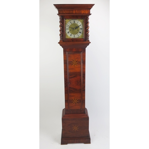 1185 - A 20th century eight day rosewood and inlaid dwarf longcase clock, the square hood with spiral twist... 