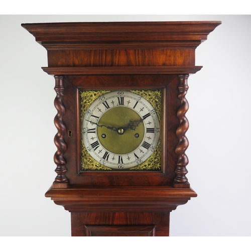 1185 - A 20th century eight day rosewood and inlaid dwarf longcase clock, the square hood with spiral twist... 