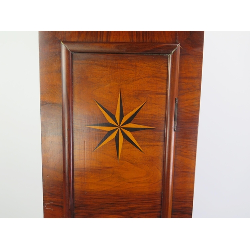 1185 - A 20th century eight day rosewood and inlaid dwarf longcase clock, the square hood with spiral twist... 