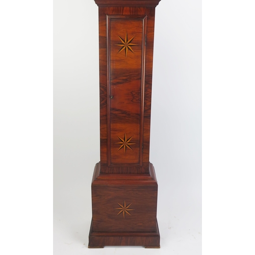 1185 - A 20th century eight day rosewood and inlaid dwarf longcase clock, the square hood with spiral twist... 