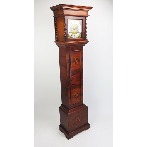 1185 - A 20th century eight day rosewood and inlaid dwarf longcase clock, the square hood with spiral twist... 