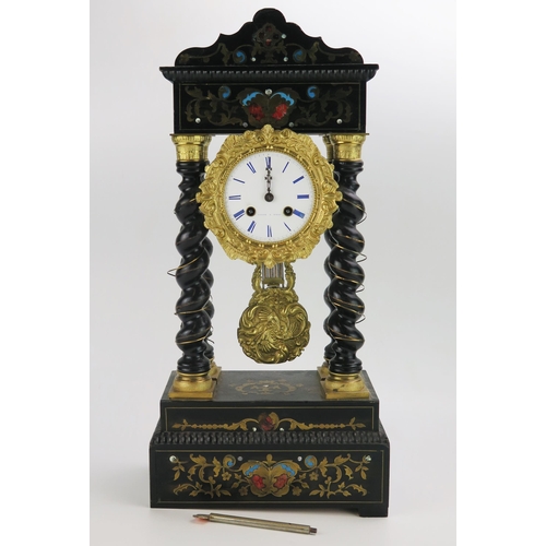 1187 - A 19th century French ebonised cut brass and red tortoiseshell inlaid Portico clock, the 9cm white c... 