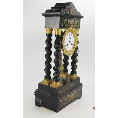 1187 - A 19th century French ebonised cut brass and red tortoiseshell inlaid Portico clock, the 9cm white c... 