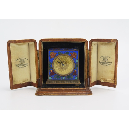 1188 - A 20th century French cloisonné travelling timepiece, the square case with 3cm circular brass dial, ... 