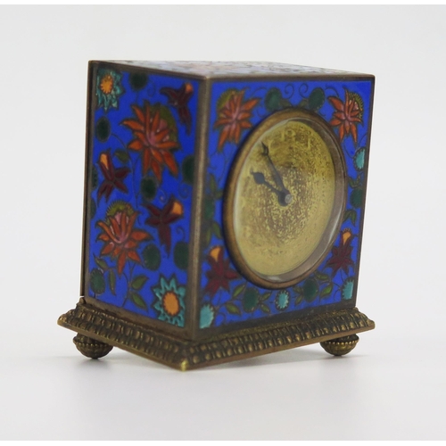 1188 - A 20th century French cloisonné travelling timepiece, the square case with 3cm circular brass dial, ... 