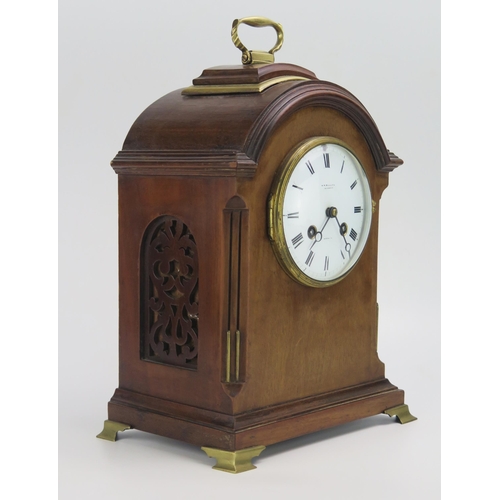 1193 - W R Bullen, Norwich, a mahogany Georgian style bracket clock, of arched outline with 11cm Roman dial... 