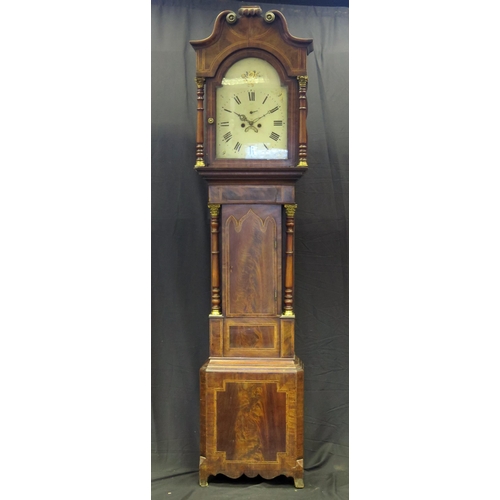 1198 - A late 18th/early 19th century north country mahogany and crossbanded longcase clock, the hood with ... 