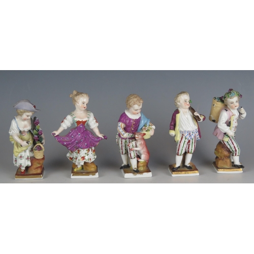 1205 - A set of five German porcelain figures, including grape and flower pickers, each approx 11cm high (5... 