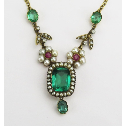 122 - A 19th Century 15ct Gold, Ruby, Diamond, Pearl or Cultured Pearl and Foil Backed Green Paste Necklac... 