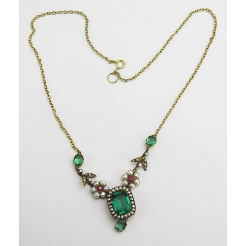 122 - A 19th Century 15ct Gold, Ruby, Diamond, Pearl or Cultured Pearl and Foil Backed Green Paste Necklac... 